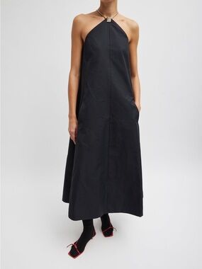 Tibi Black tech twill lavalliere Halter Maxi Dress with Square Neck Hardware
